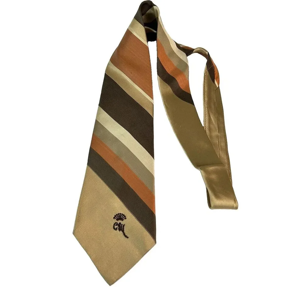 Countess Mara Men’s Tan Brown Olive Burnt Orange Stripe 100% Silk Vintage Tie